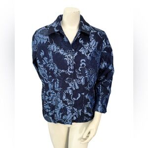 Chico’s Women’s Button-Up Jacket Size 2 Blue Floral Brocade Textured Blazer